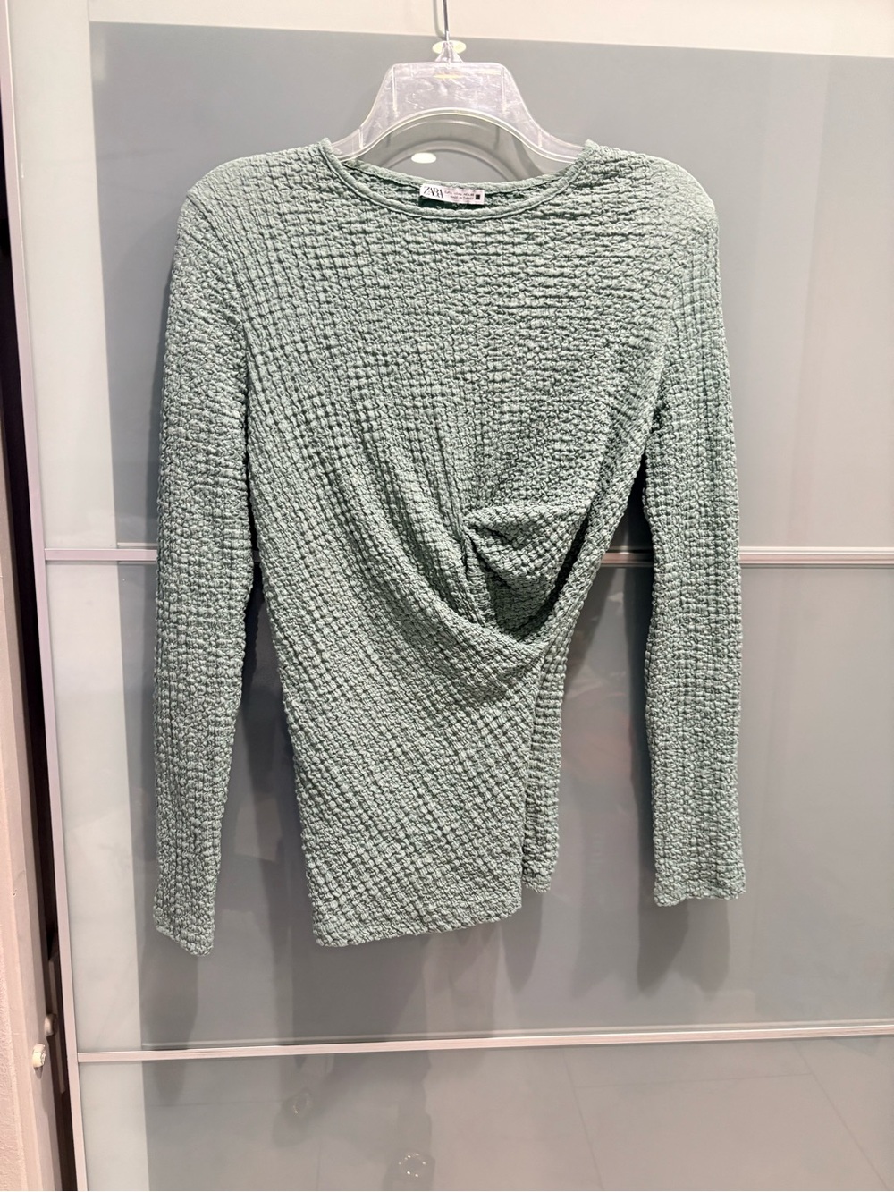 Zara Light Mint Textured Long-Sleeve Twist Detail Top